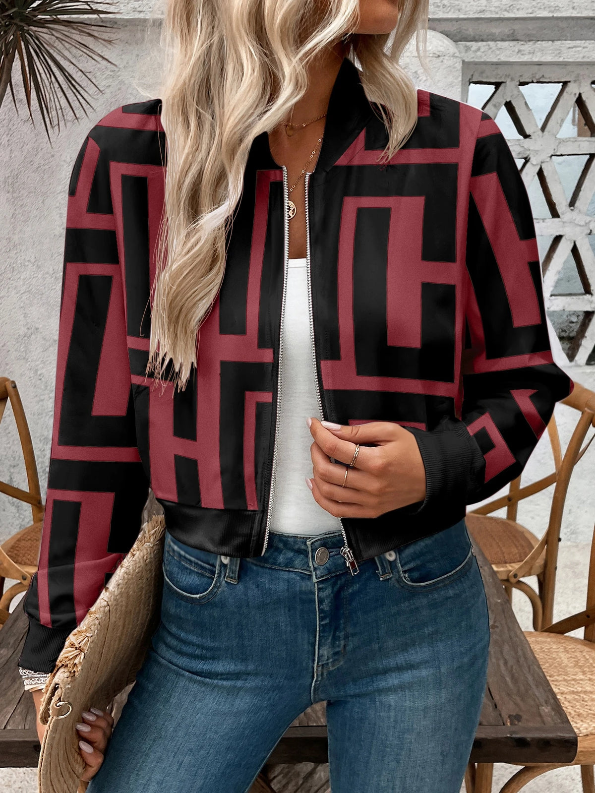 Women's Zipper Print Short Bomber Jacket