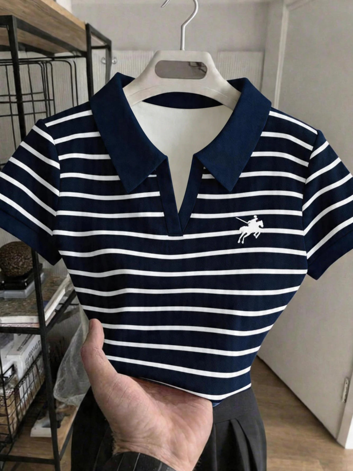 Women's Striped Equestrian Contrast Collar Polo Shirt