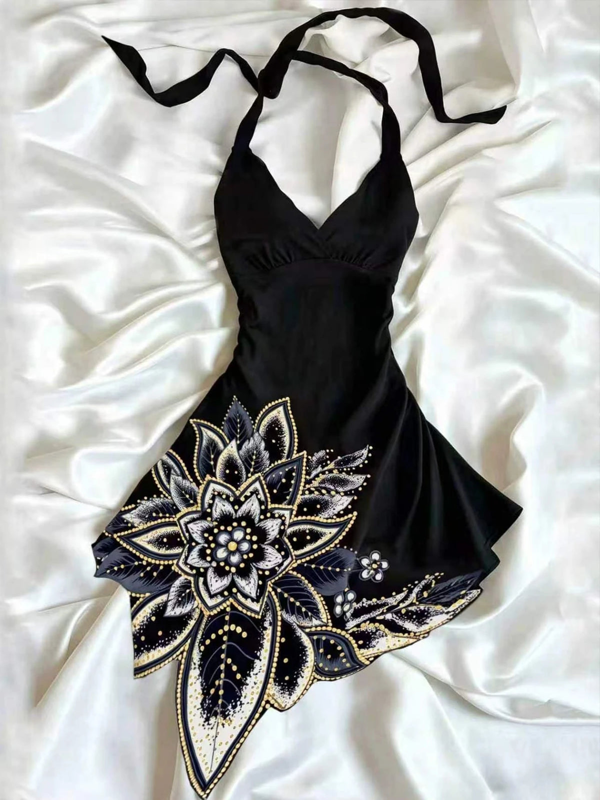 Women's Floral Print Halter Tie Casual Party Mini Dress