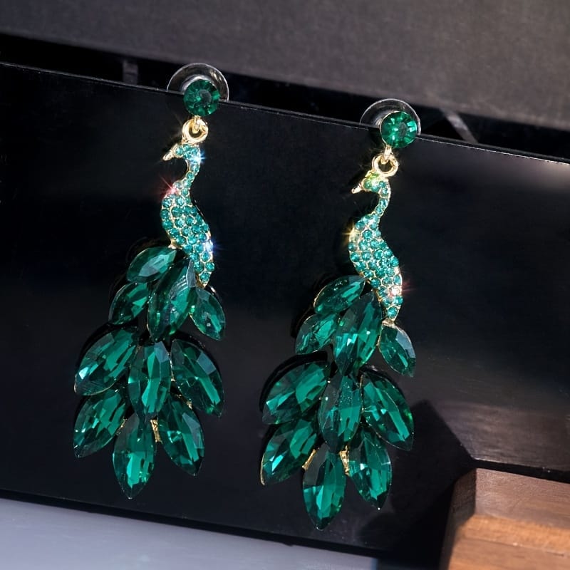 Shein Emerald Peacock Crystal Drop Earrings