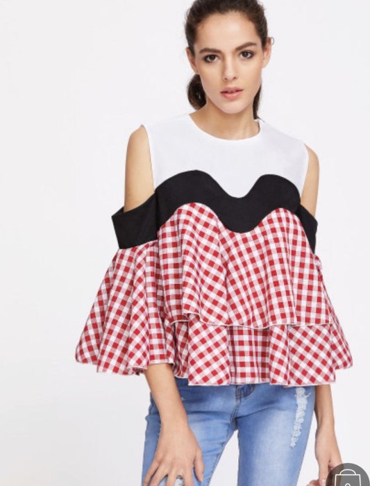 Amazon Women’s Cold Shoulder Ruffle Hem Gingham Blouse, M +