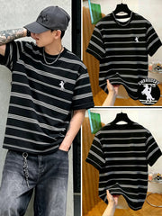 Men's Casual Striped Horse Print Round Neck Short Sleeve T-Shirt