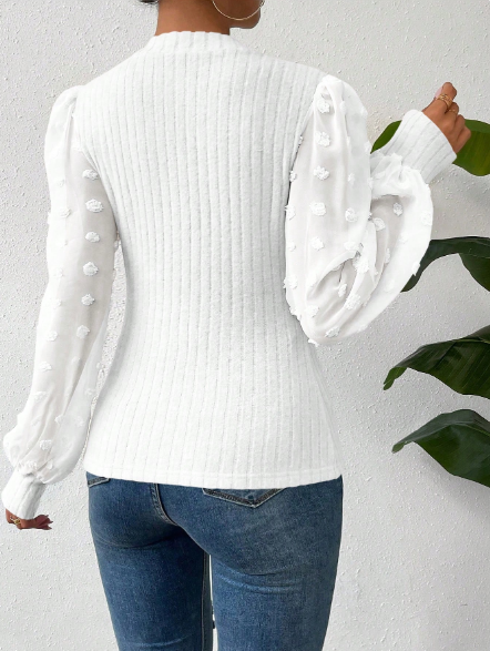 Shein Elegant Ladies Solid Color Round Neck Slim-Fit White Plain Women Top With Mesh Contrast Sleeve, XL -.