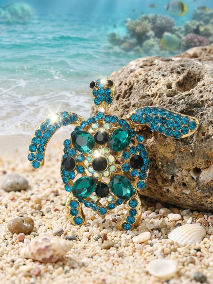 Shein Luxury Rhinestone Turtle Brooch Fashionable Marine Life Pin >