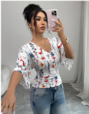 Shein Women's White Floral Ditsy Floral Ruched Waist Fitted Short Sleeve T-Shirt, XL-.