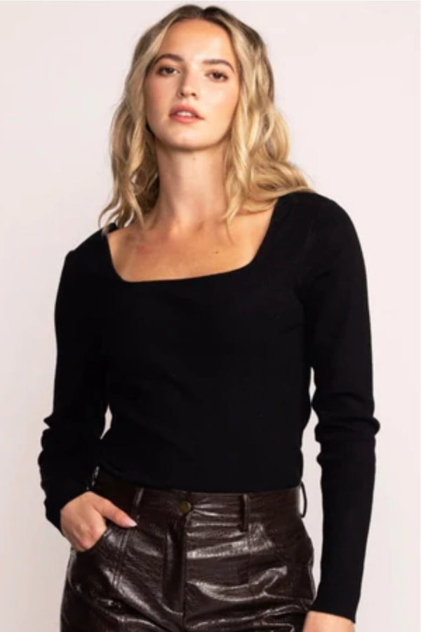 Shein Black Square Neck Long Sleeve Top, M */