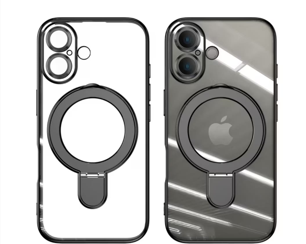1pc Transparent Electroplated Shockproof Silicone Phone Case With Metal Sliding Stand/Shockproof>