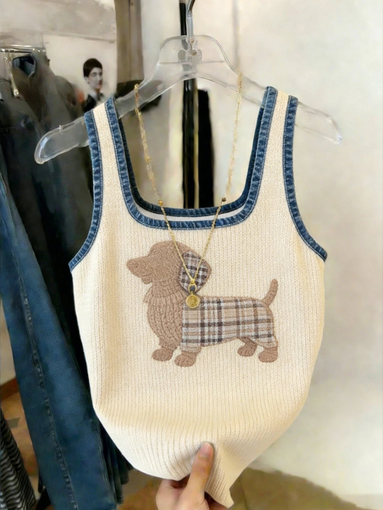 Women's Casual Dog Print Scoop Neck Fitted Tank Top Apricot