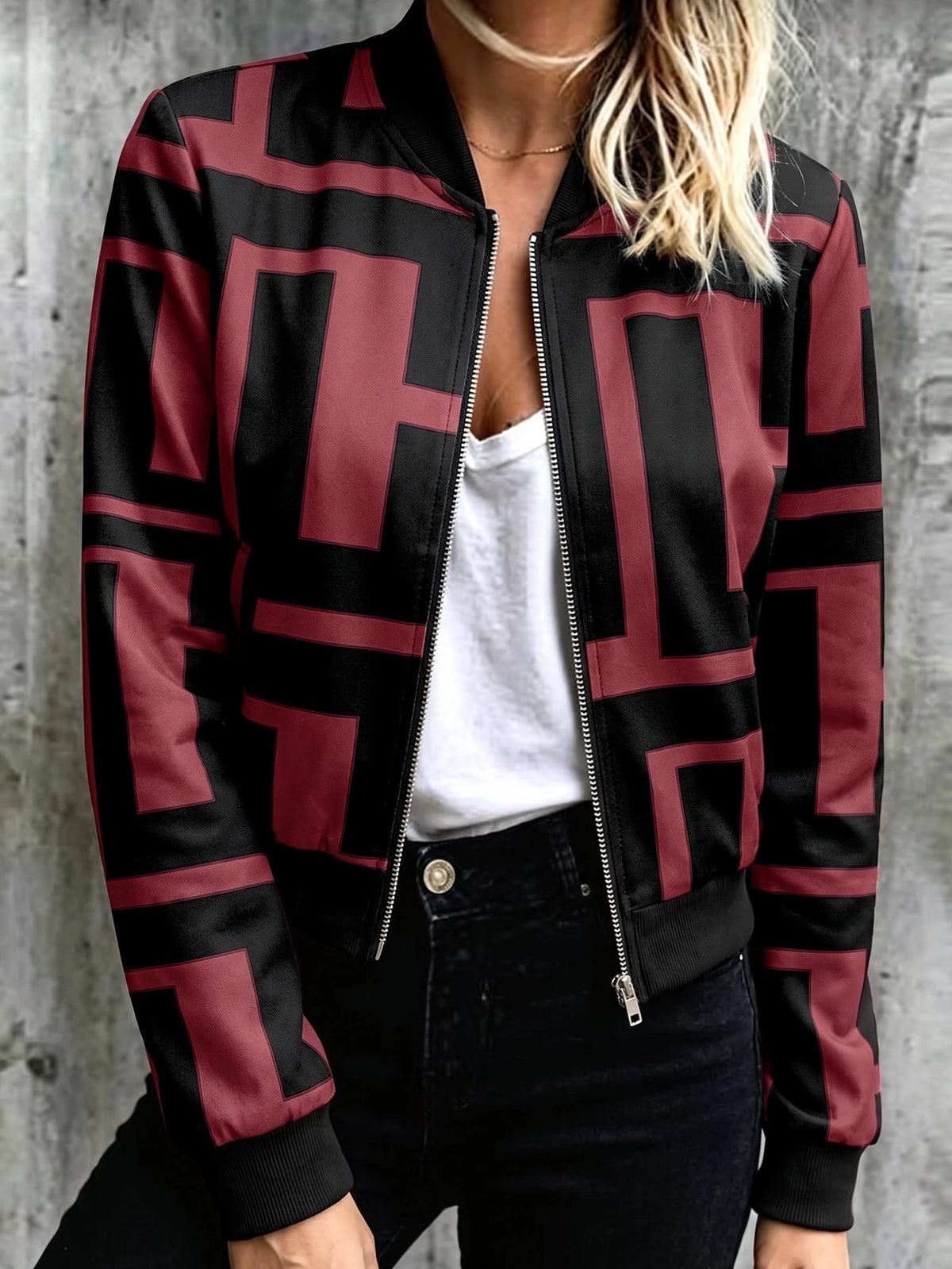 Women's Zipper Print Short Bomber Jacket