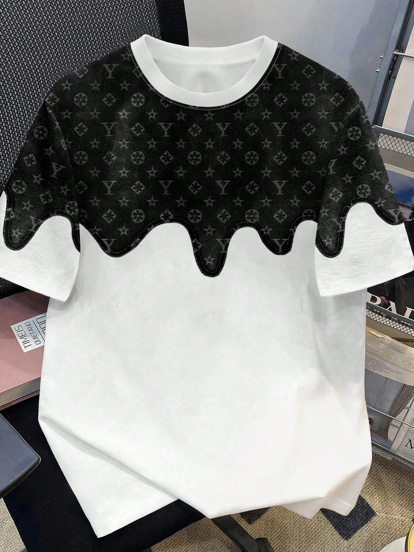 Men's Casual Retro Denim Floral Patchwork Print Round Neck Short Sleeve T-Shirt