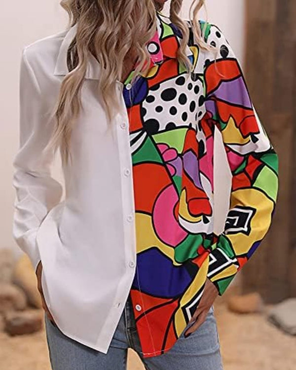 Shein Floral Patchwork Print Shirt Short Sleeve V Neck Button Down Casual Blouse, XL +