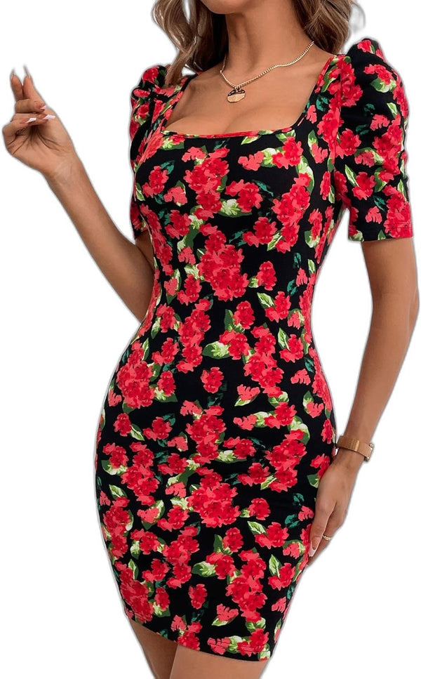 Shein Floral Print Puff Sleeve Square Neck Bodycon Dress, S */