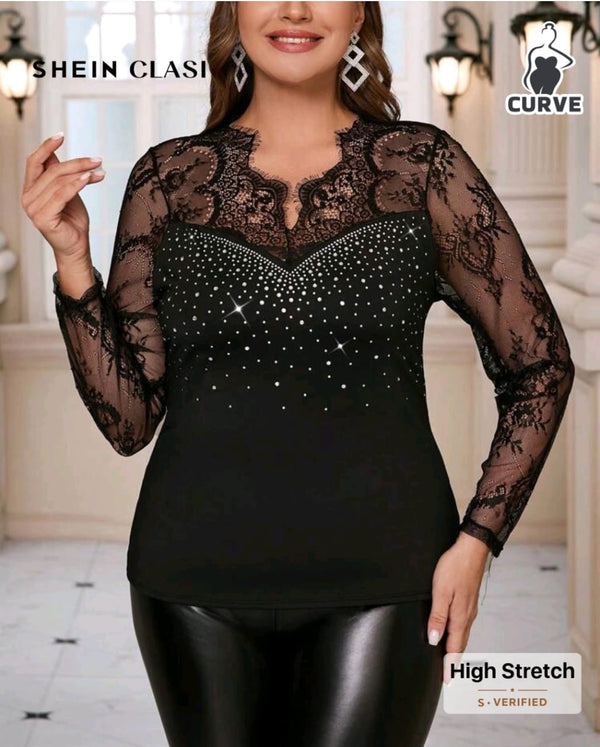 Shein Plus Size Women's Contrast Lace Long Sleeve Blouse, 1XL +