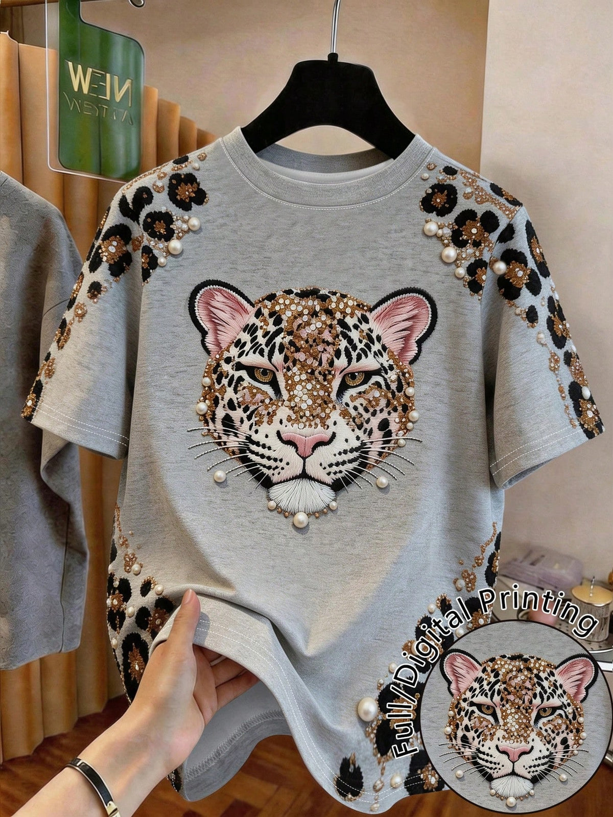 Girls' Faux Embroidery Leopard Print Short Sleeve T-Shirt