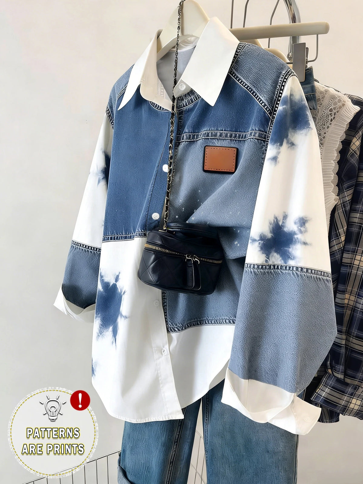 Women's Denim Print Long Sleeve Casual Ribbed Shirt