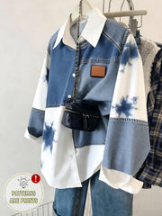 Women's Denim Print Long Sleeve Casual Ribbed Shirt