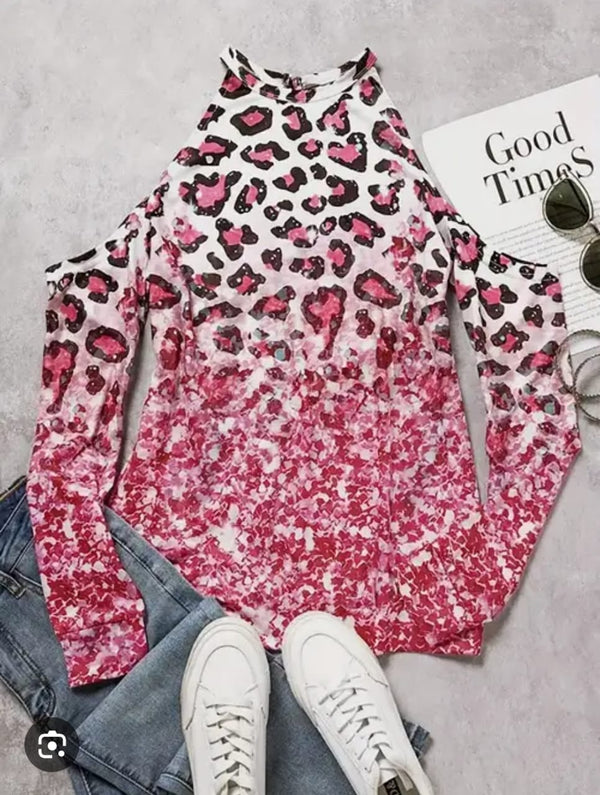 Bellelily Leopard Gradient Long Sleeve O-neck Blouse, XL +