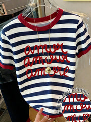 Women's Casual Striped Letter Print Crewneck Short Sleeve T-Shirt