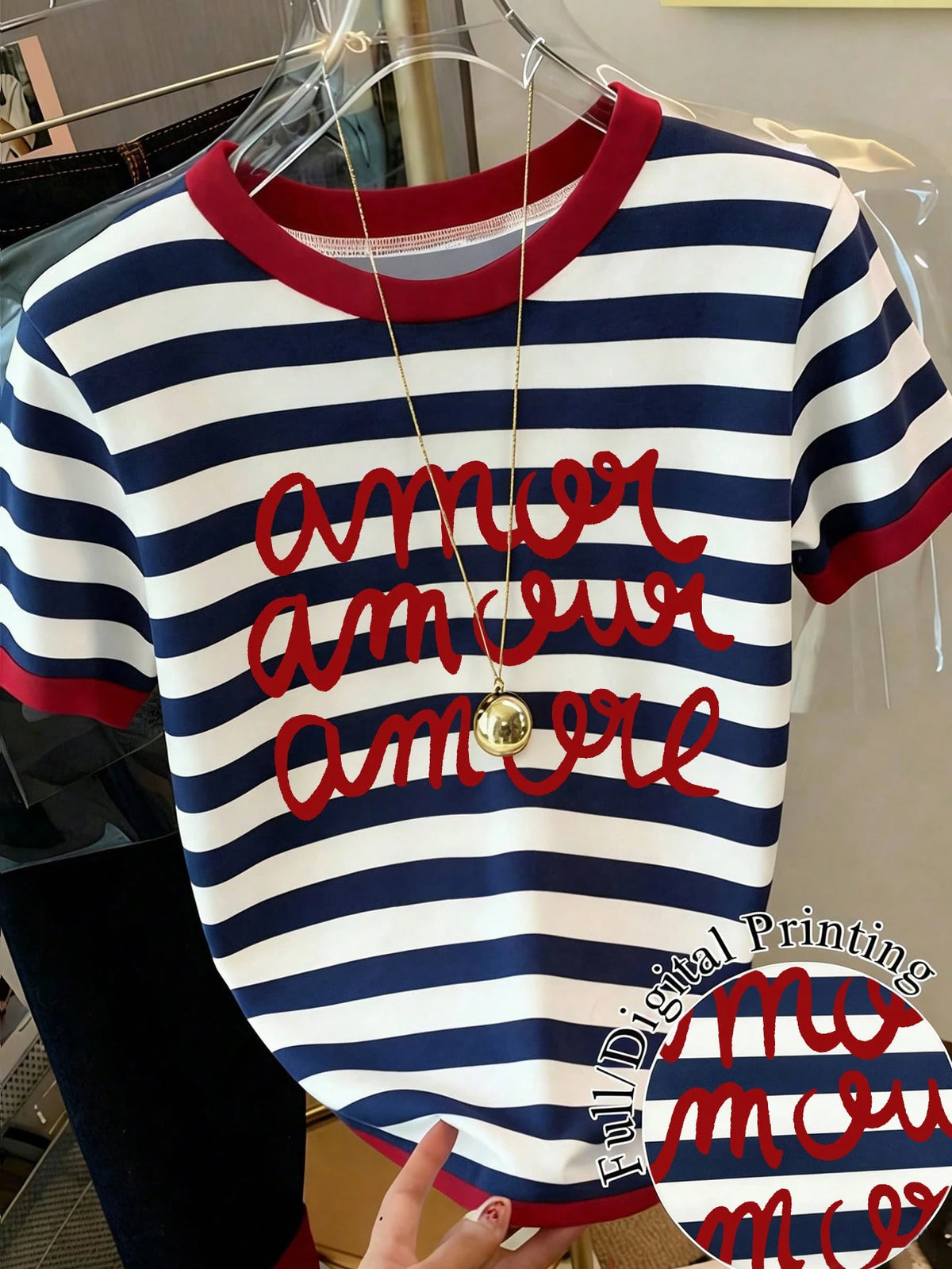 Women's Casual Striped Letter Print Crewneck Short Sleeve T-Shirt