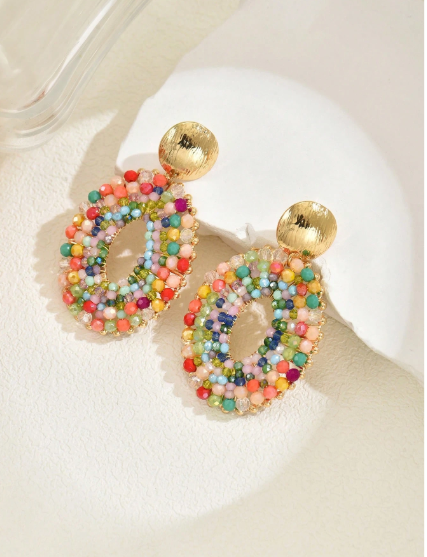 Shein 1 Pair Handmade Beaded Large Hoop Earrings>