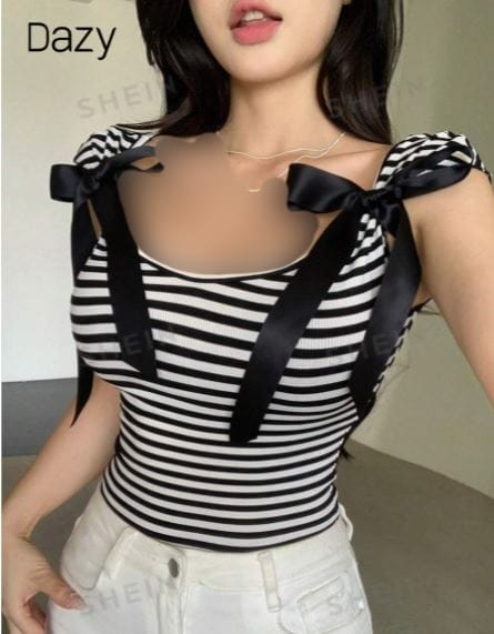Shein Backless Bow Tie Lace-Up Slim Fit Short Sleeve Women's T-Shirt +