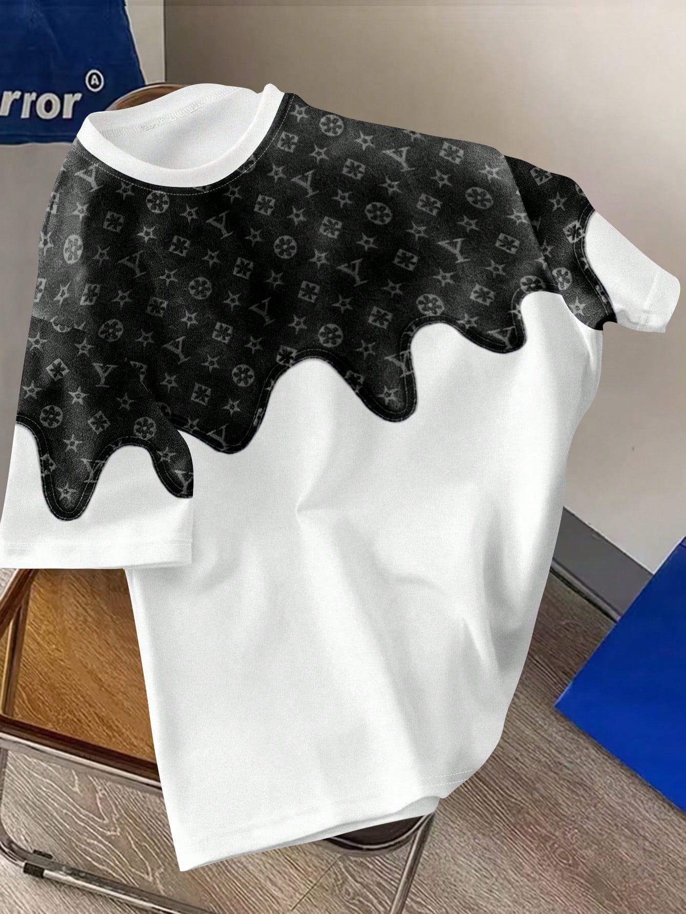 Men's Casual Retro Denim Floral Patchwork Print Round Neck Short Sleeve T-Shirt