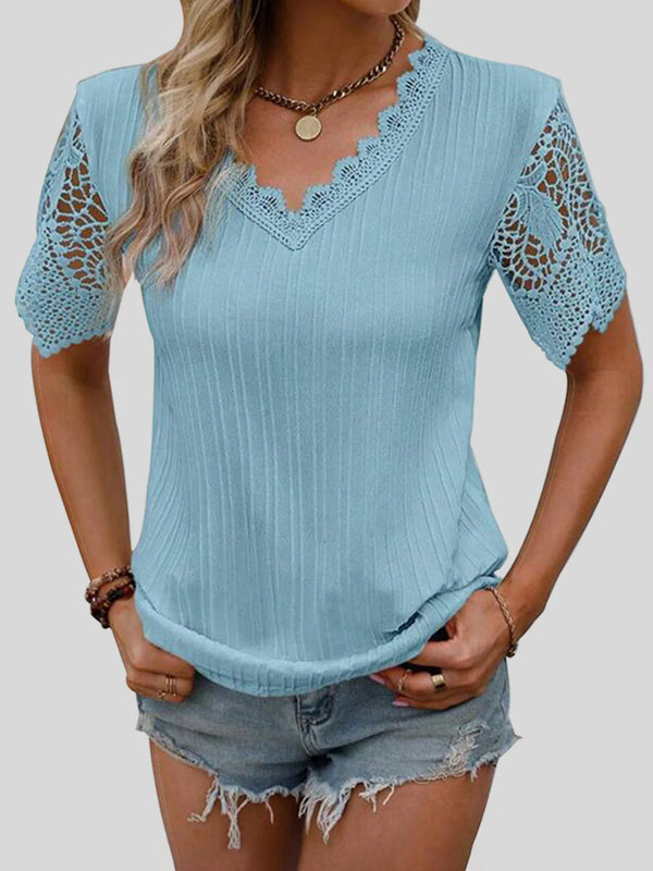 Shein Lace Detail V-Neck Short Sleeve Blouse, M */