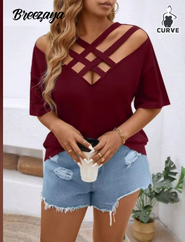 Shein Plus Size Solid Color Cross Strap Off-Shoulder Short Sleeve Casual Loose Summer T-Shirt>