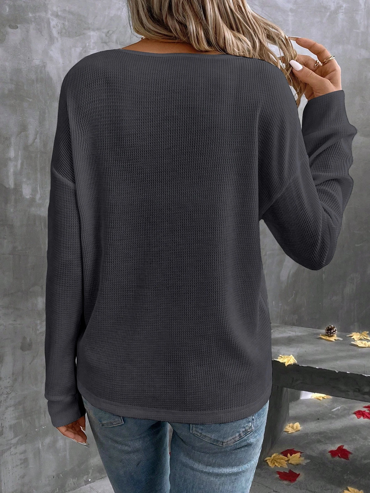 Women's Casual Solid V-Neck Drop Shoulder Long Sleeve T-Shirt