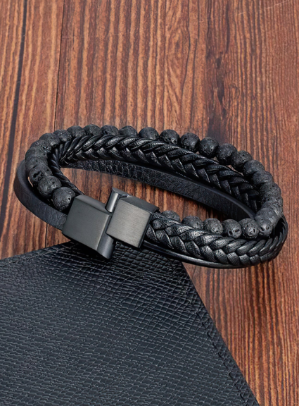 Fashionable and Popular Men Braided Detail Beaded Layered Bracelet