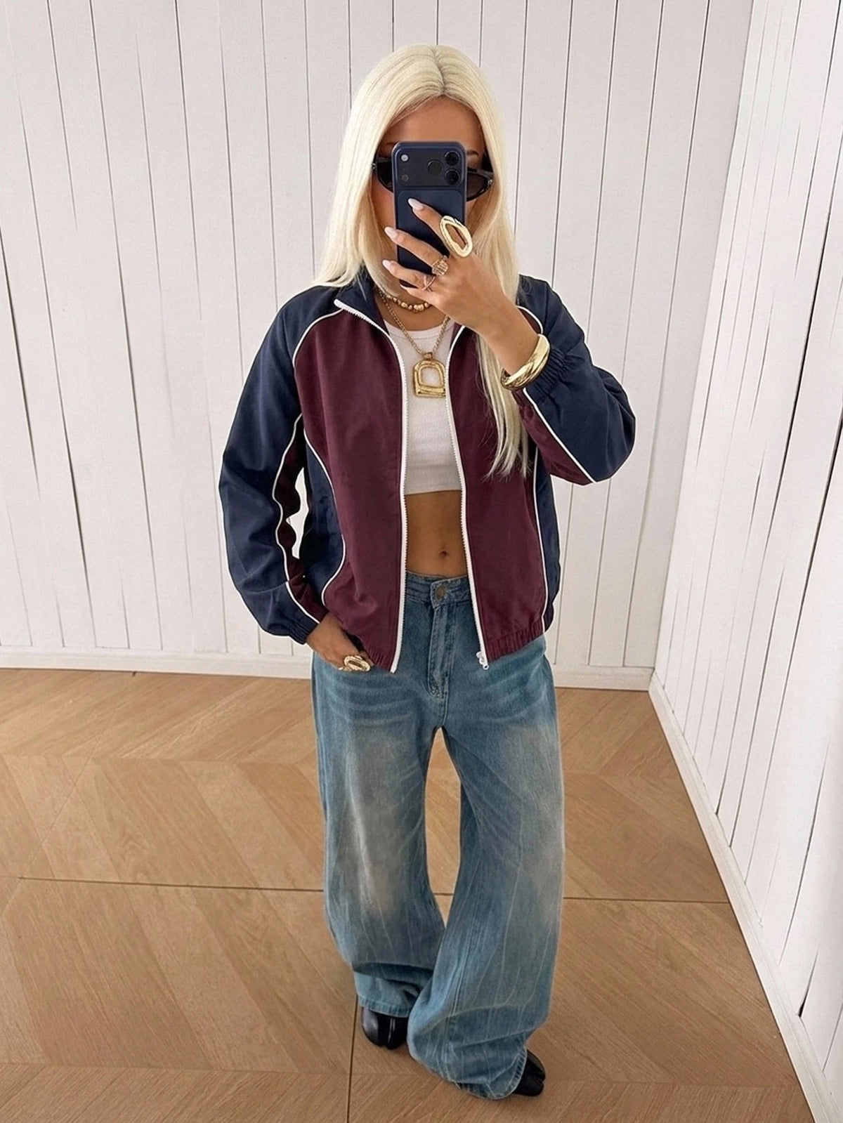 Women's Colorblock Zip-Up Loose Short Jacket