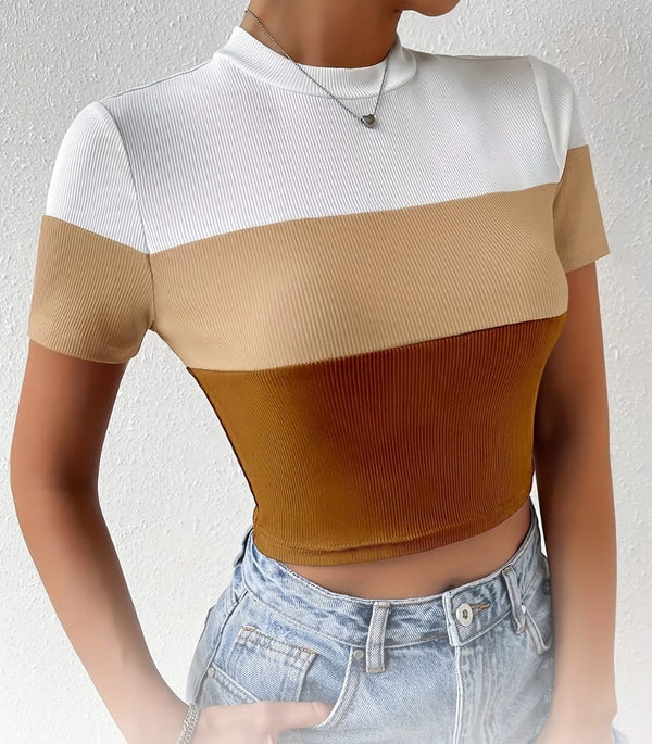 Shein Ribbed Knit Color Block Crew Neck T-Shirt, L +