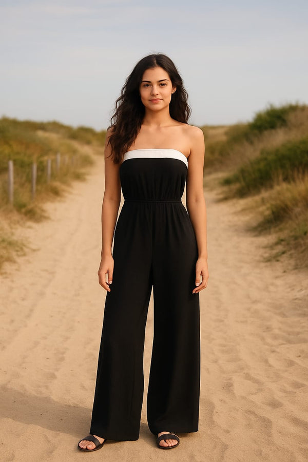 Shein Women's Elegant Black & White Strapless Jumpsuit – Flowy Wide-Leg Design, XXL +