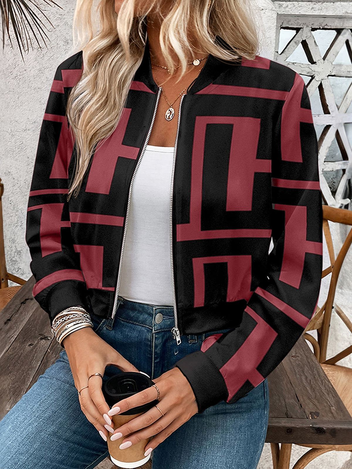Women's Zipper Print Short Bomber Jacket