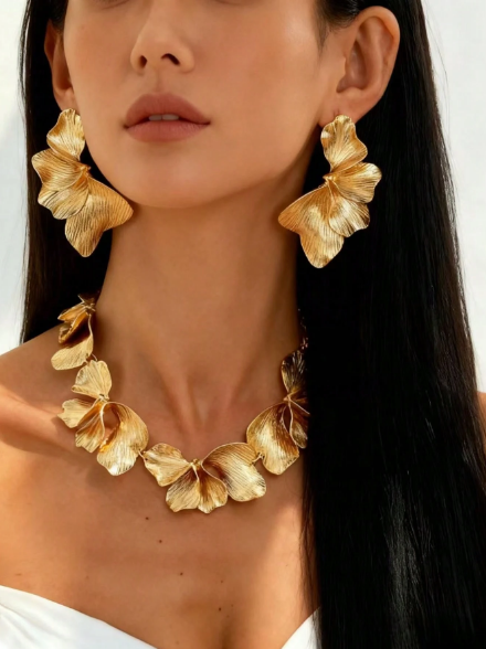 Shein Women's Vintage Metal Leaf Petal Decorative Necklace & Earrings