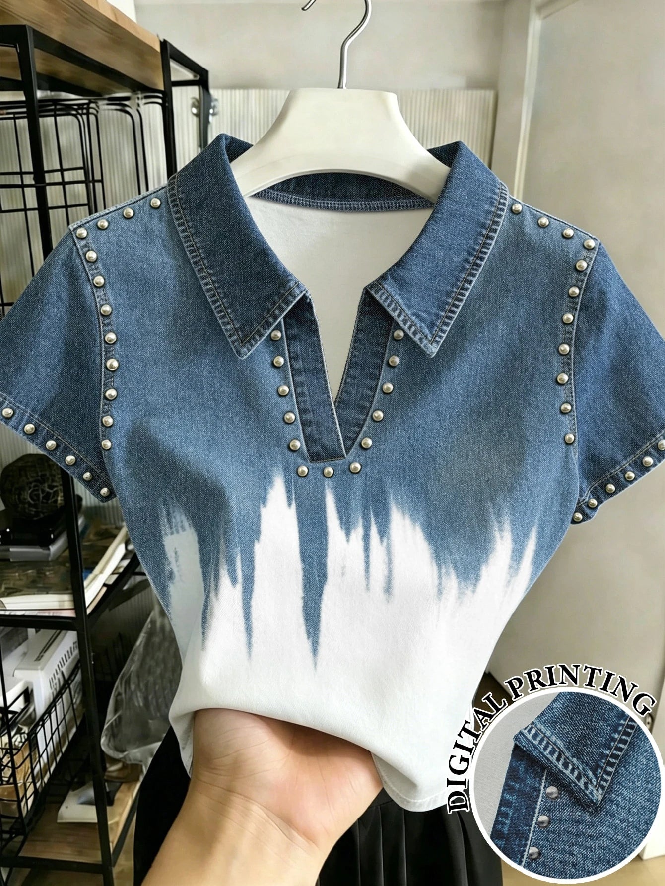 Women's Denim-Effect Print Lapel Collar Short Sleeve Slim Fit T-Shirt