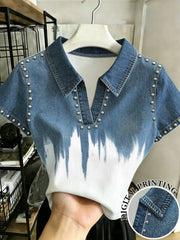 Women's Denim-Effect Print Lapel Collar Short Sleeve Slim Fit T-Shirt