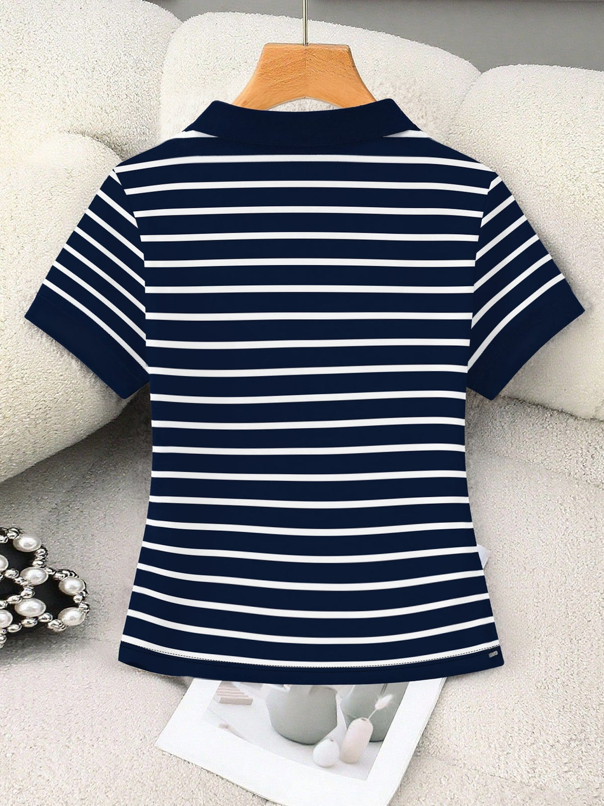Women's Striped Equestrian Contrast Collar Polo Shirt