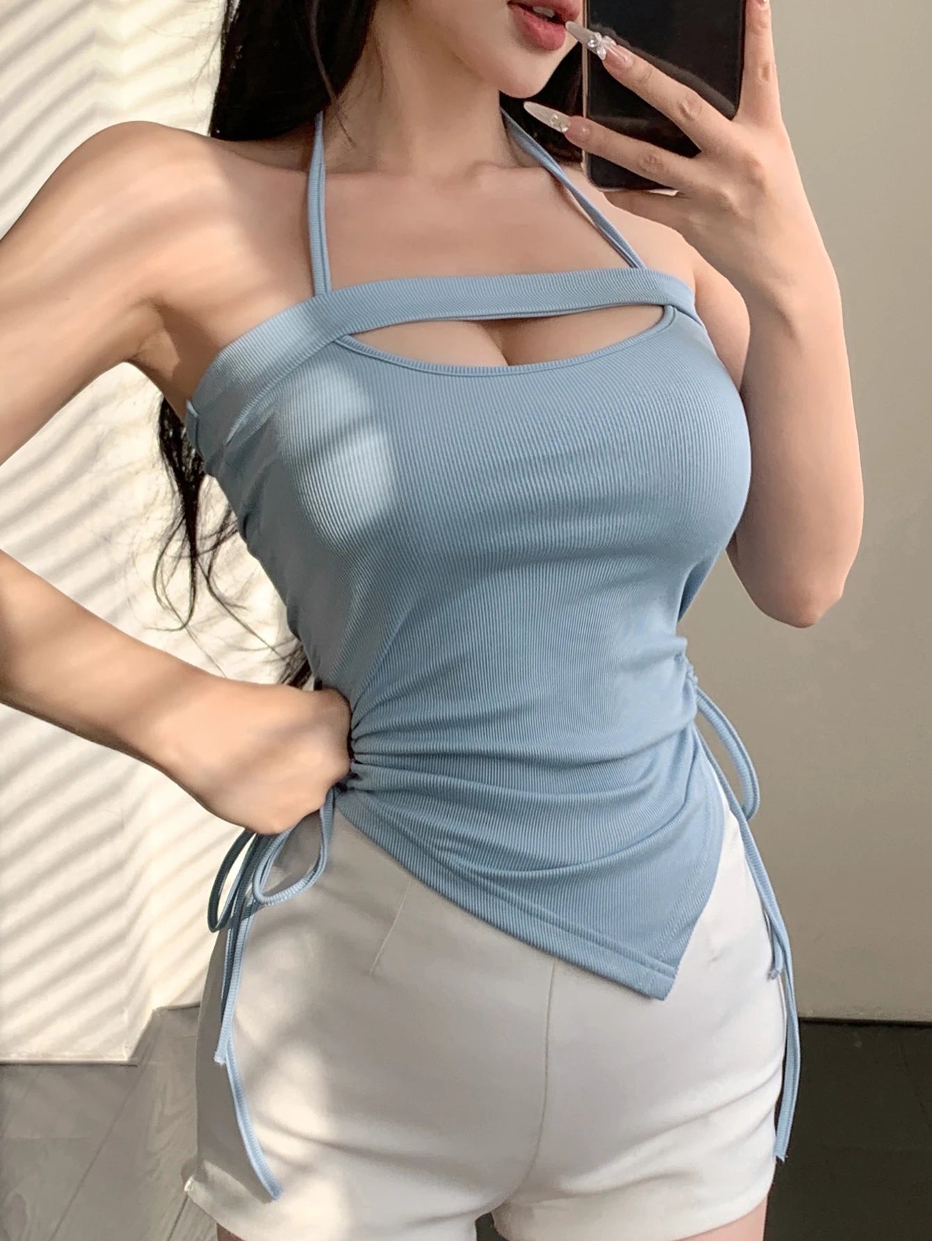 Women's Cutout Side Drawstring Halter Neck Backless Tube Top Baby Blue