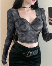 Shein Tie-Dye Retro Printed Rhinestone Studded Collar Cropped Top, XL -.