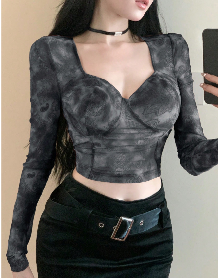 Shein Tie-Dye Retro Printed Rhinestone Studded Collar Cropped Top, XL -.