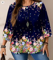 Shein Plus Size Women Casual All-Over Print Round Neck Loose 3/4 Sleeve Blouse >