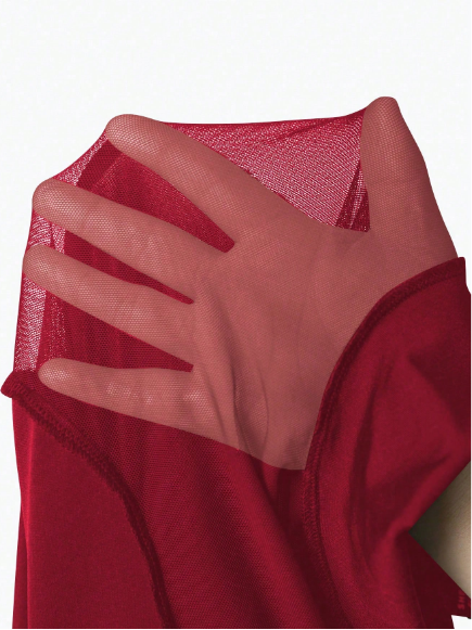 Shein Plus Size Women Solid Color Mesh Long Sleeve Mock Neck Slim Fit Burgundy T-Shirt, 0XL -.