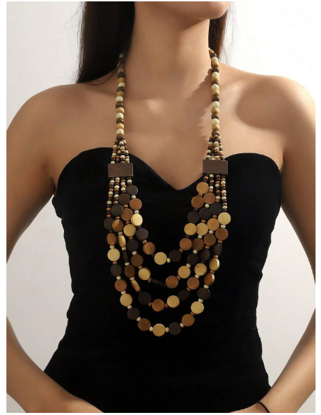 Shein Wooden Bead Handmade Multi-Layer Necklace >