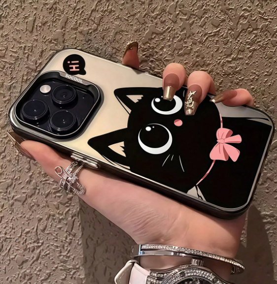 Shein Cat Element Fashion Silicone 1pc Black Cat With Pink Bow Soft Silicone Phone Case>