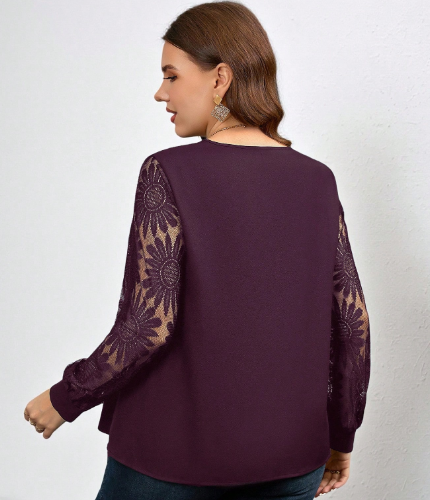 Shien V-Neck Lace Patchwork Sunflower Blouse, XXL -.