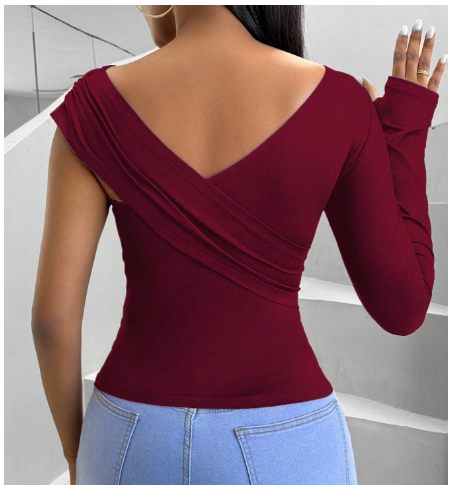 Shein Women's Solid Color Ruched Fitted Long Sleeve Casual T-Shirt -.