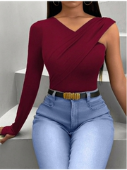 Shein Women's Solid Color Ruched Fitted Long Sleeve Casual T-Shirt -.