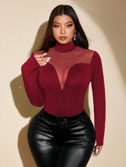 Shein Plus Size Women Solid Color Mesh Long Sleeve Mock Neck Slim Fit Burgundy T-Shirt, 0XL -.