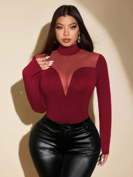 Shein Plus Size Women Solid Color Mesh Long Sleeve Mock Neck Slim Fit Burgundy T-Shirt, 0XL -.